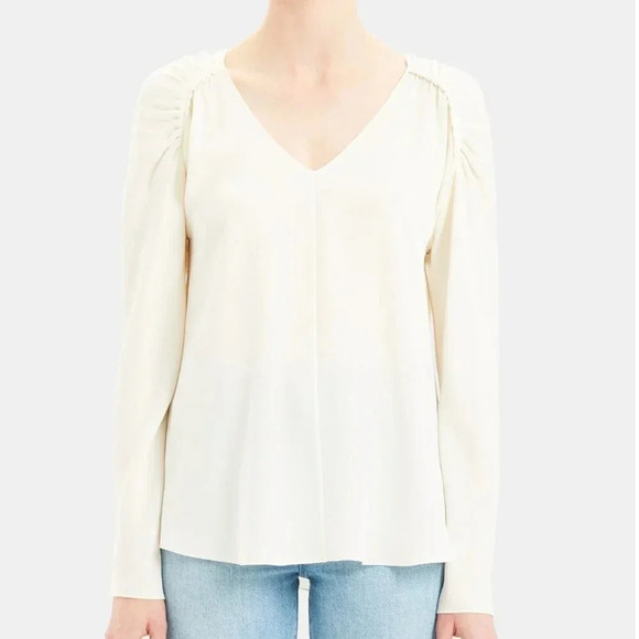 Theory Top Blouse Pure Silk Shirred Shoulder Long Sleeve Shirt Ivory Size Small - Picture 10 of 10